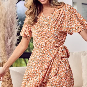 Alternative view of Floral Tied Short Sleeve Mini Wrap Dress - Tangerine