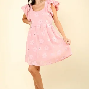 Flower Embroidered Organza Mini Dress - Pink