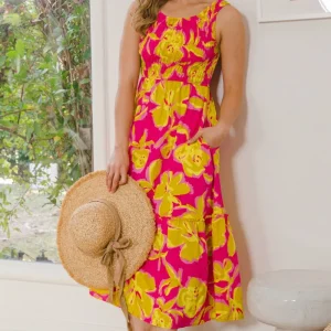 Alternative view of Full Size Floral Smocked Ruffled Midi Dress - Hot Pink Multi