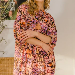 Full Size Floral Tied Neck Mini Dress - Black Multi