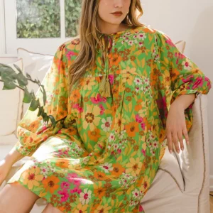 Full Size Floral Tied Neck Mini Dress - Green Multi
