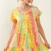 Leopard Short Sleeve Tiered Dress - Orange/Lime