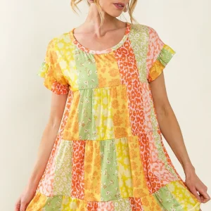 Leopard Short Sleeve Tiered Dress - Orange/Lime