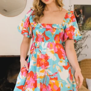 Printed Smocked Puff Sleeve Mini Dress - Aqua Multi