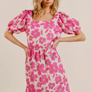 Alternative view of Printed Square Neck Puff Sleeve Mini Dress - Fuchsia Combo