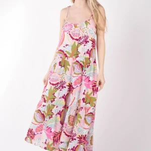 Tropical Printed Cami Midi Dress - Pink Mix